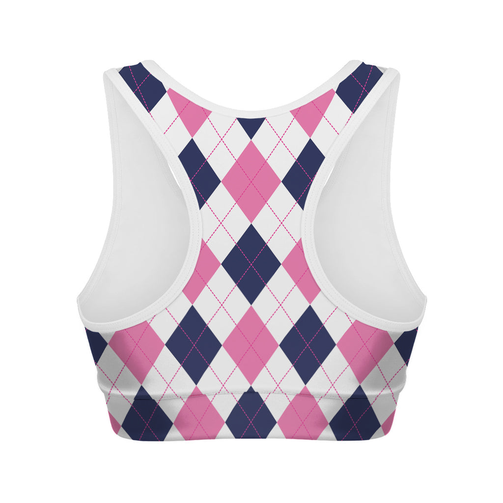 White Blue And Pink Argyle Pattern Print Women's Sports Bra