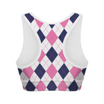 White Blue And Pink Argyle Pattern Print Women's Sports Bra