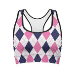 White Blue And Pink Argyle Pattern Print Women's Sports Bra