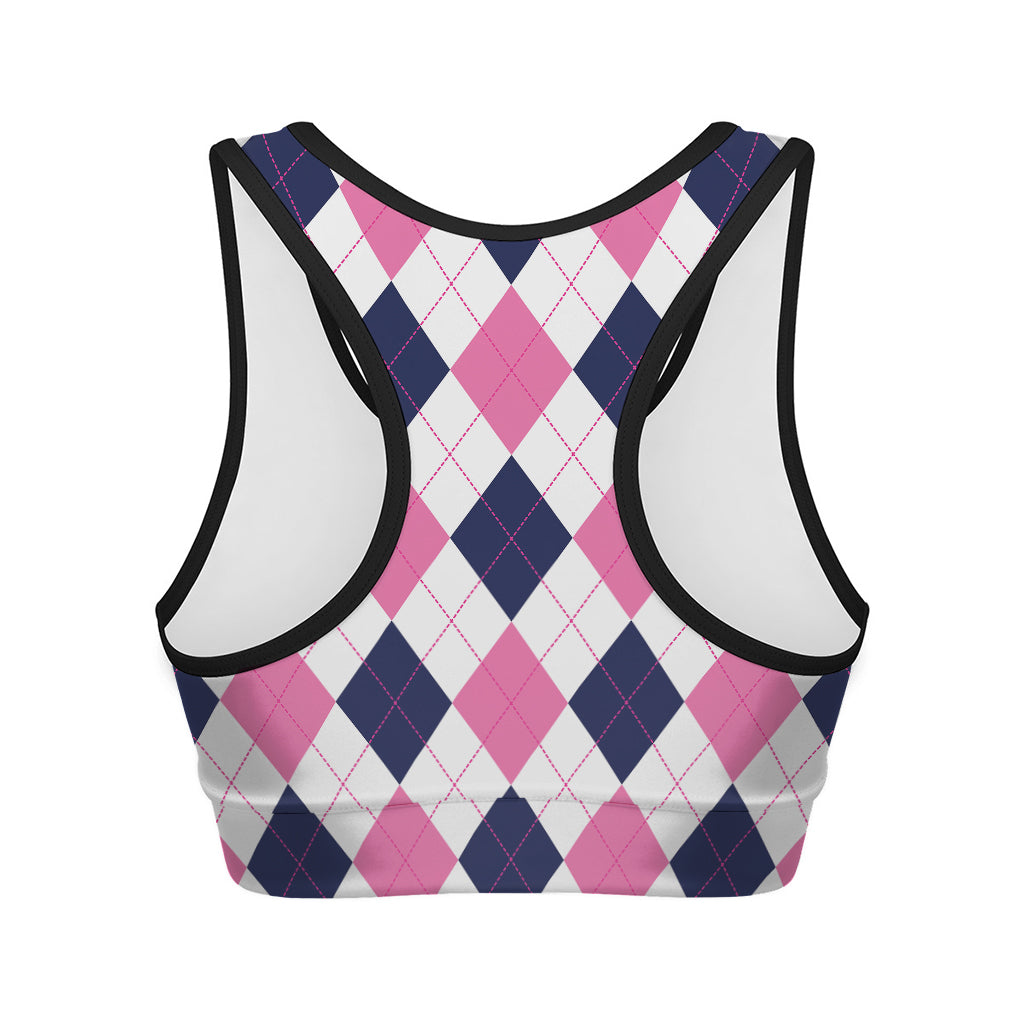 White Blue And Pink Argyle Pattern Print Women's Sports Bra