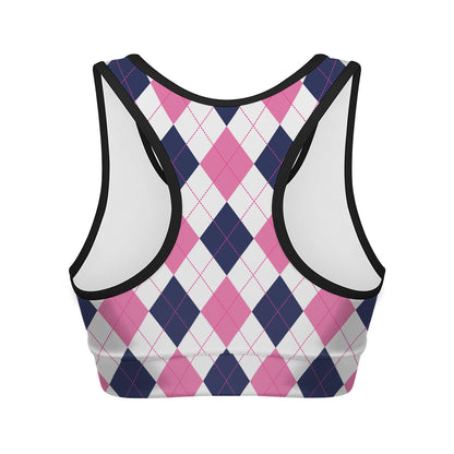 White Blue And Pink Argyle Pattern Print Women's Sports Bra