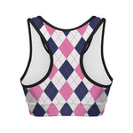 White Blue And Pink Argyle Pattern Print Women's Sports Bra