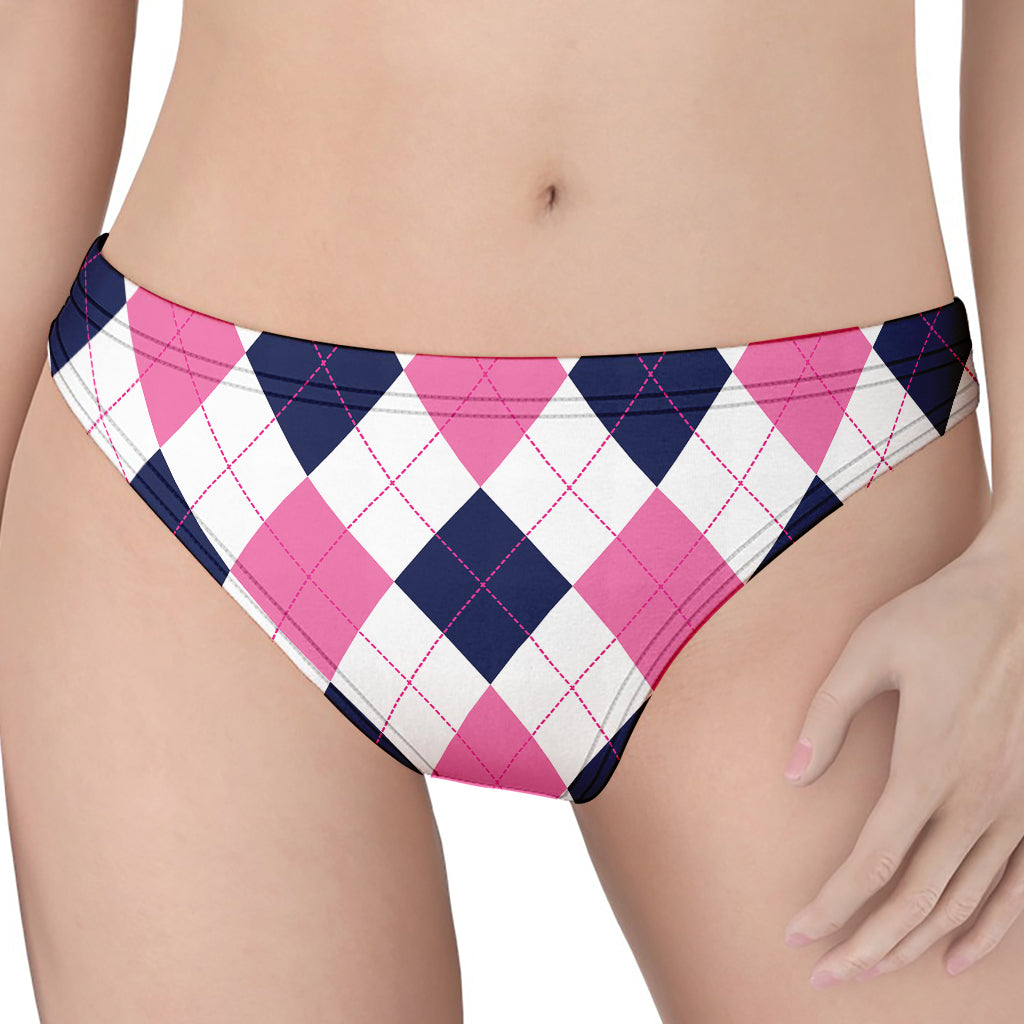 White Blue And Pink Argyle Pattern Print Women's Thong