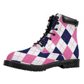 White Blue And Pink Argyle Pattern Print Padded Collar Lace Up Boots
