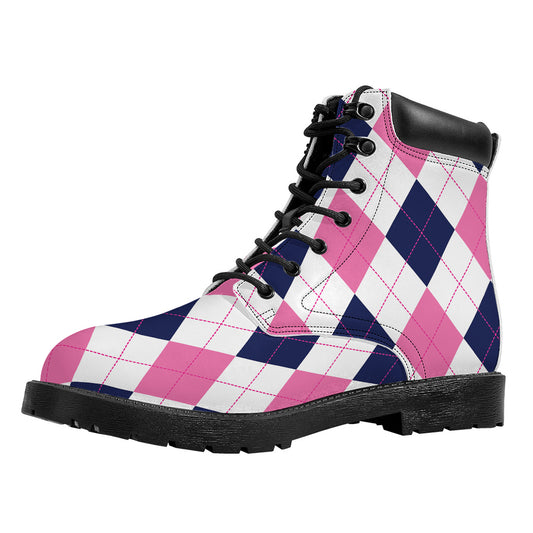 White Blue And Pink Argyle Pattern Print Work Boots