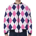 White Blue And Pink Argyle Pattern Print Zip Sleeve Bomber Jacket