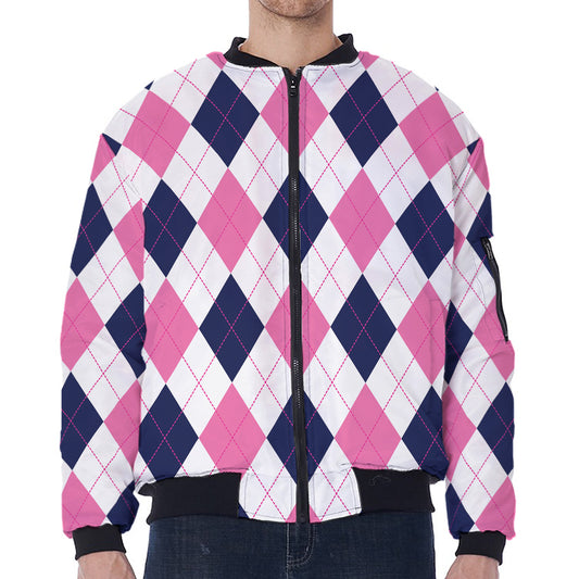 White Blue And Pink Argyle Pattern Print Zip Sleeve Bomber Jacket