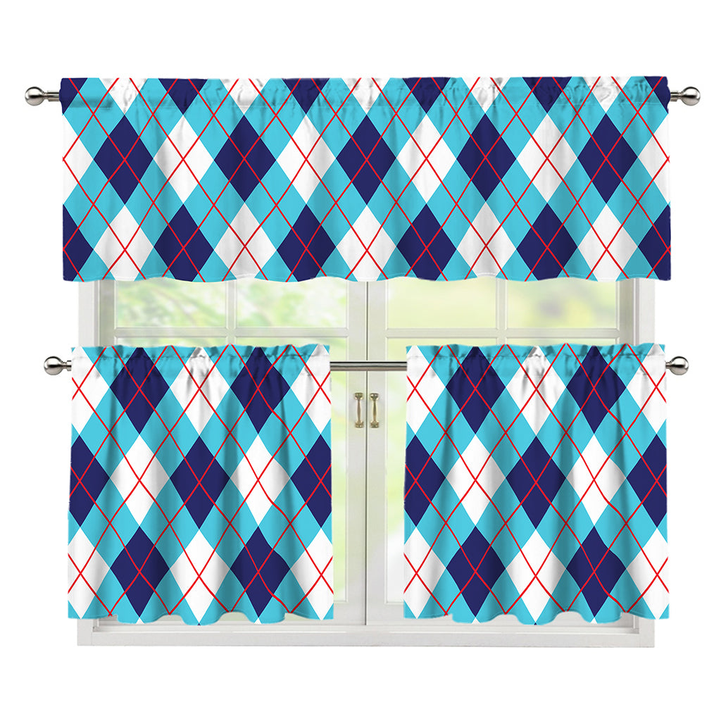 White Blue And Red Argyle Pattern Print 3 Piece Kitchen Curtains