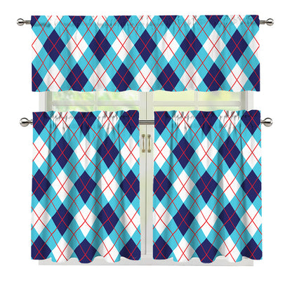 White Blue And Red Argyle Pattern Print 3 Piece Kitchen Curtains