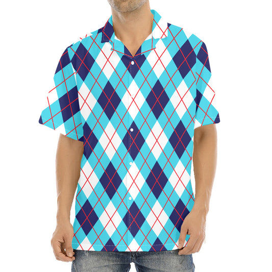 White Blue And Red Argyle Pattern Print Aloha Shirt
