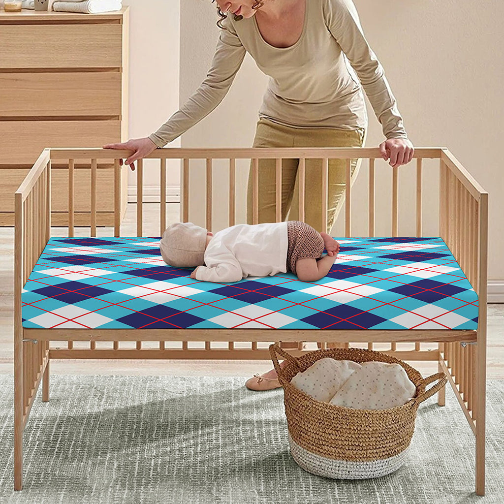 White Blue And Red Argyle Pattern Print Baby Crib Sheet