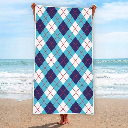 White Blue And Red Argyle Pattern Print Beach Towel