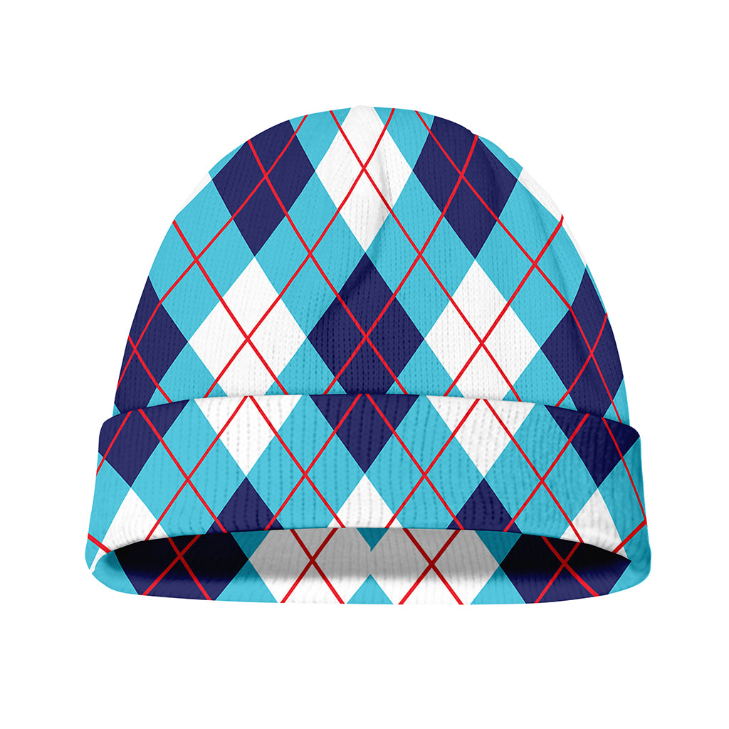 White Blue And Red Argyle Pattern Print Beanie