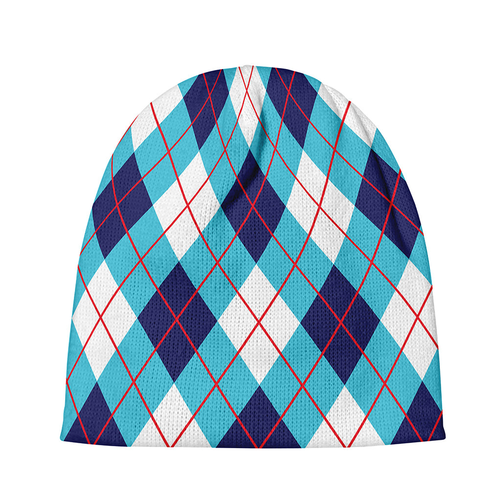 White Blue And Red Argyle Pattern Print Beanie