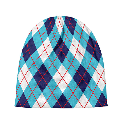 White Blue And Red Argyle Pattern Print Beanie