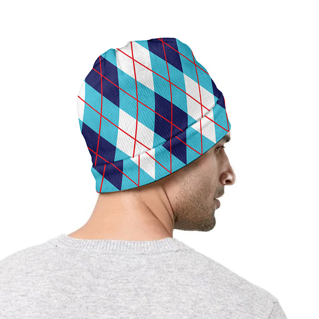 White Blue And Red Argyle Pattern Print Beanie