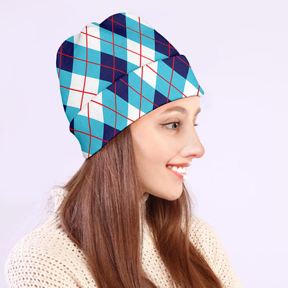 White Blue And Red Argyle Pattern Print Beanie