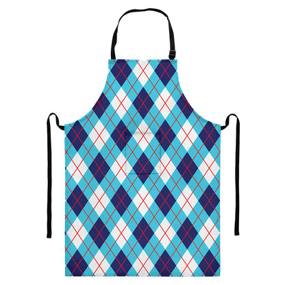 White Blue And Red Argyle Pattern Print Bib Apron With Pocket