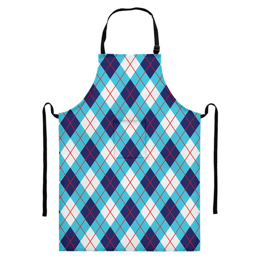 White Blue And Red Argyle Pattern Print Bib Apron With Pocket
