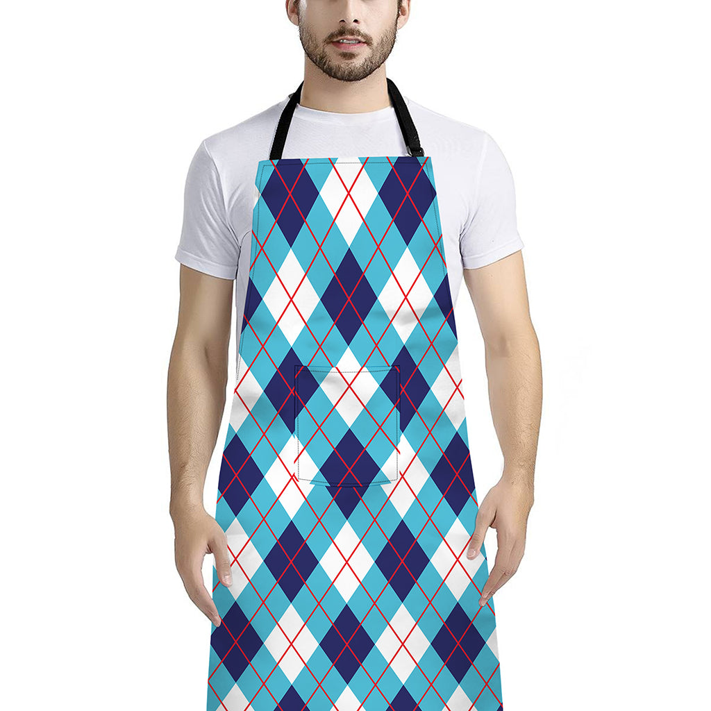 White Blue And Red Argyle Pattern Print Bib Apron With Pocket