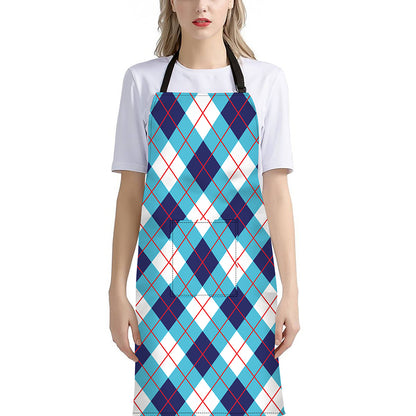 White Blue And Red Argyle Pattern Print Bib Apron With Pocket