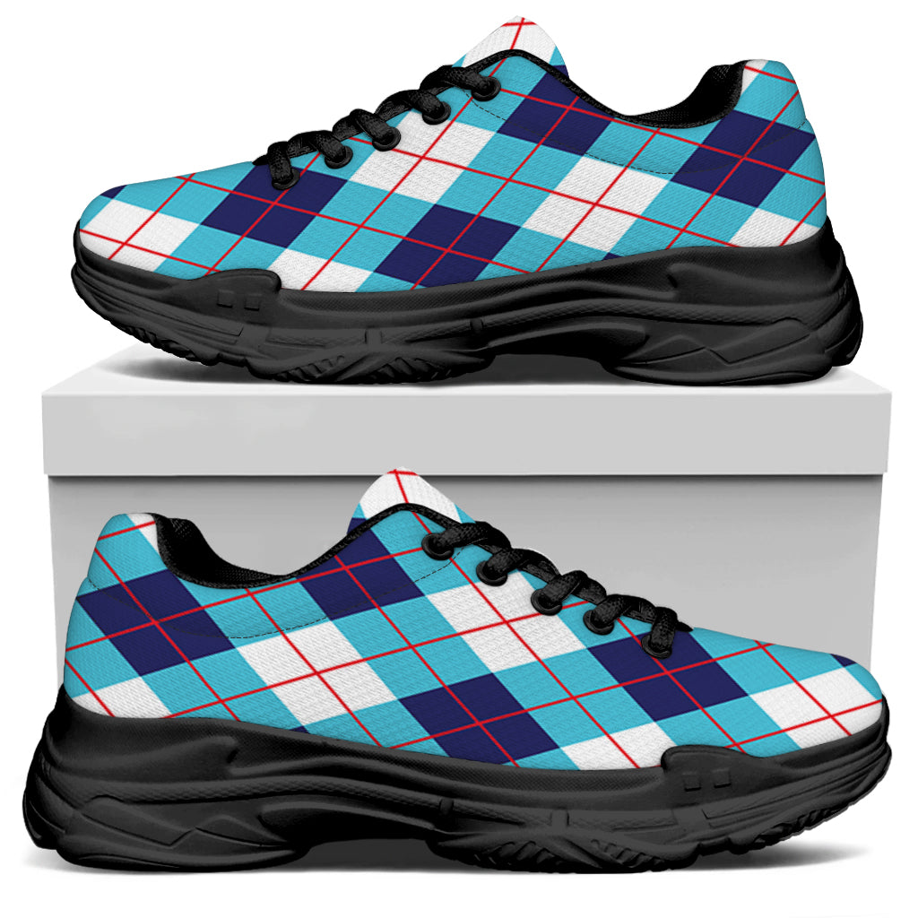 White Blue And Red Argyle Pattern Print Black Chunky Shoes