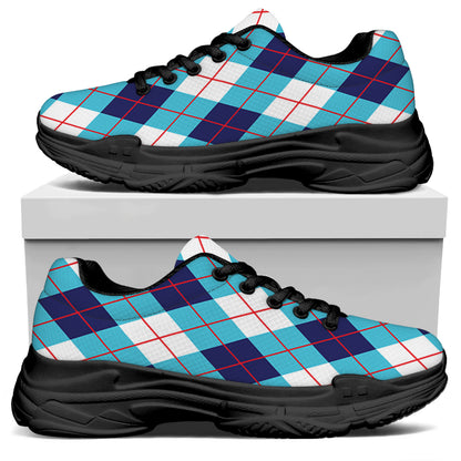White Blue And Red Argyle Pattern Print Black Chunky Shoes