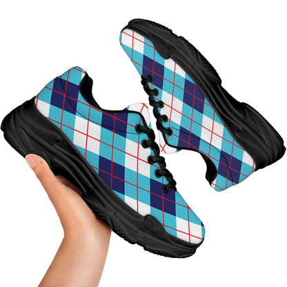 White Blue And Red Argyle Pattern Print Black Chunky Shoes