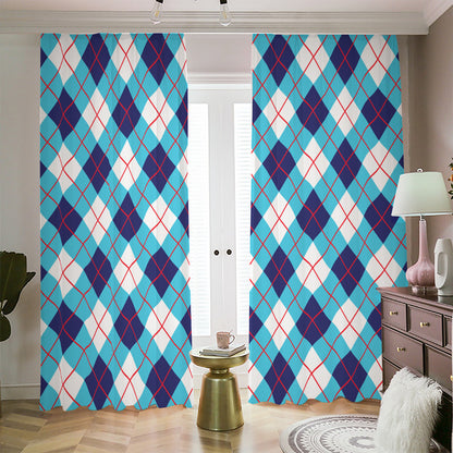 White Blue And Red Argyle Pattern Print Blackout Pencil Pleat Curtains