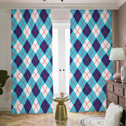 White Blue And Red Argyle Pattern Print Blackout Pencil Pleat Curtains