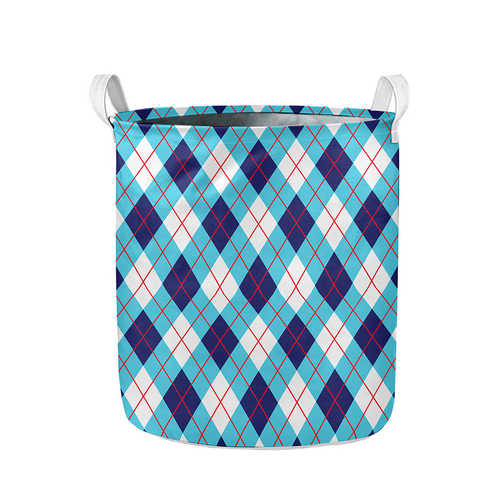 White Blue And Red Argyle Pattern Print Collapsible Laundry Basket