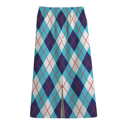 White Blue And Red Argyle Pattern Print Cotton Front Slit Maxi Skirt