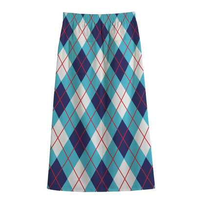 White Blue And Red Argyle Pattern Print Cotton Front Slit Maxi Skirt