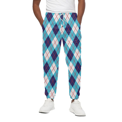 White Blue And Red Argyle Pattern Print Cotton Pants