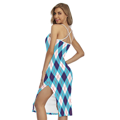 White Blue And Red Argyle Pattern Print Cross Back Cami Dress