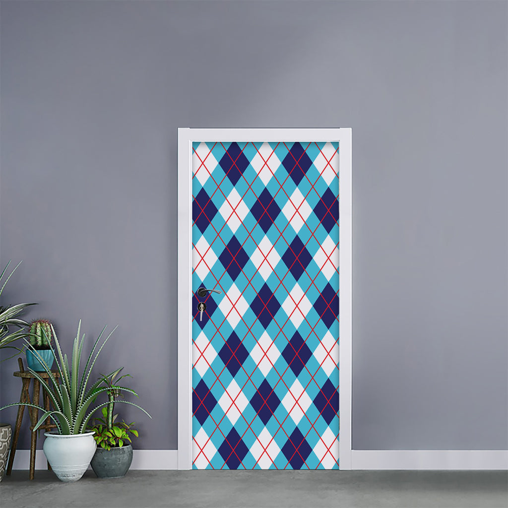 White Blue And Red Argyle Pattern Print Door Sticker