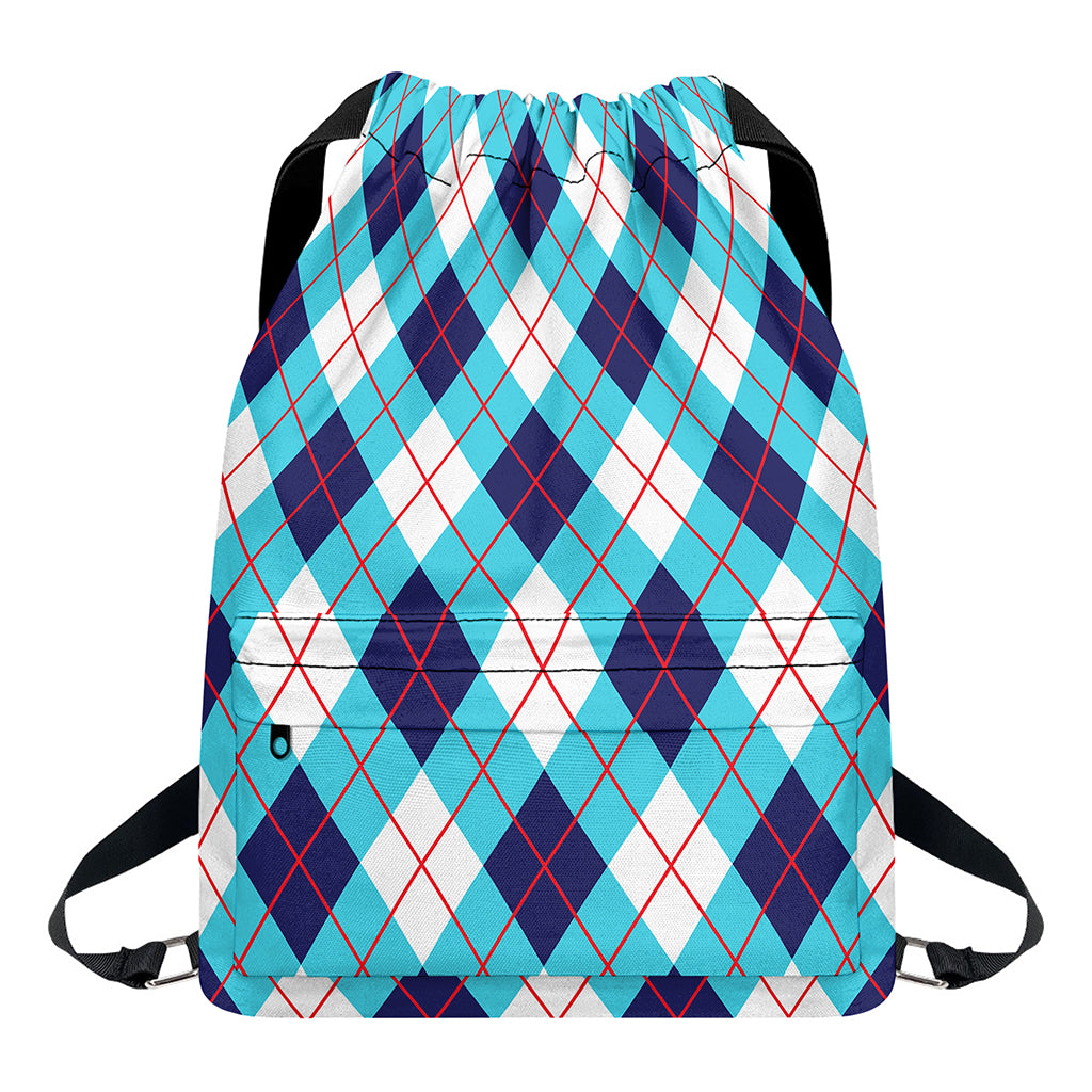 White Blue And Red Argyle Pattern Print Drawstring Backpack