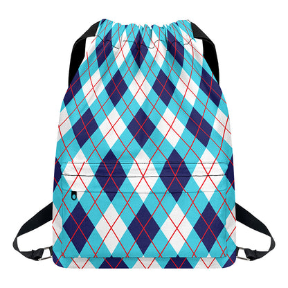 White Blue And Red Argyle Pattern Print Drawstring Backpack