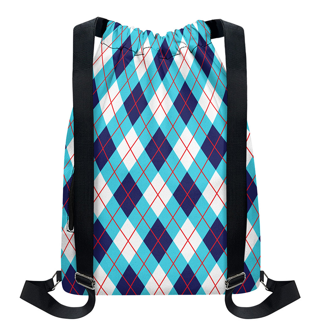 White Blue And Red Argyle Pattern Print Drawstring Backpack