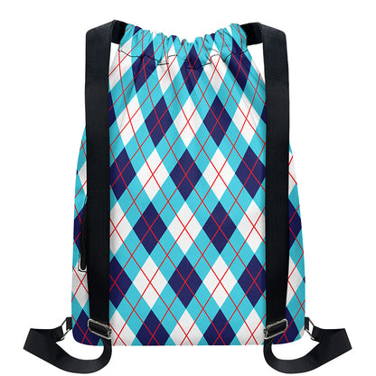 White Blue And Red Argyle Pattern Print Drawstring Backpack