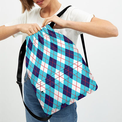 White Blue And Red Argyle Pattern Print Drawstring Backpack