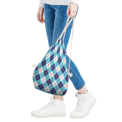 White Blue And Red Argyle Pattern Print Drawstring Bag