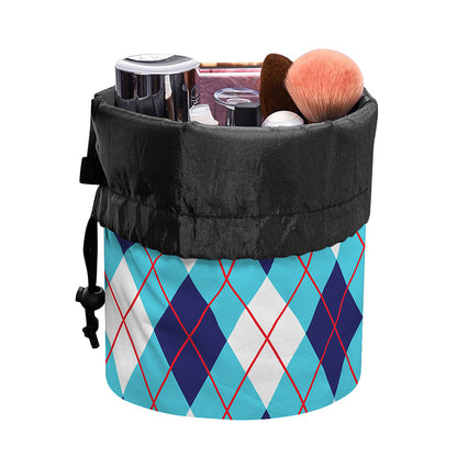 White Blue And Red Argyle Pattern Print Drawstring Makeup Bag