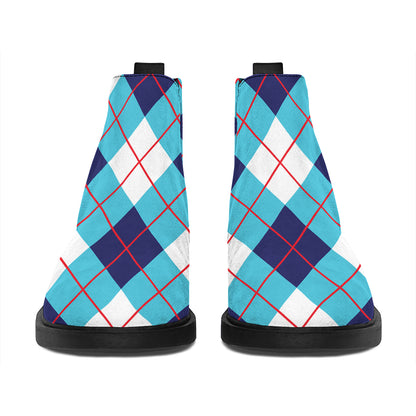White Blue And Red Argyle Pattern Print Flat Ankle Boots