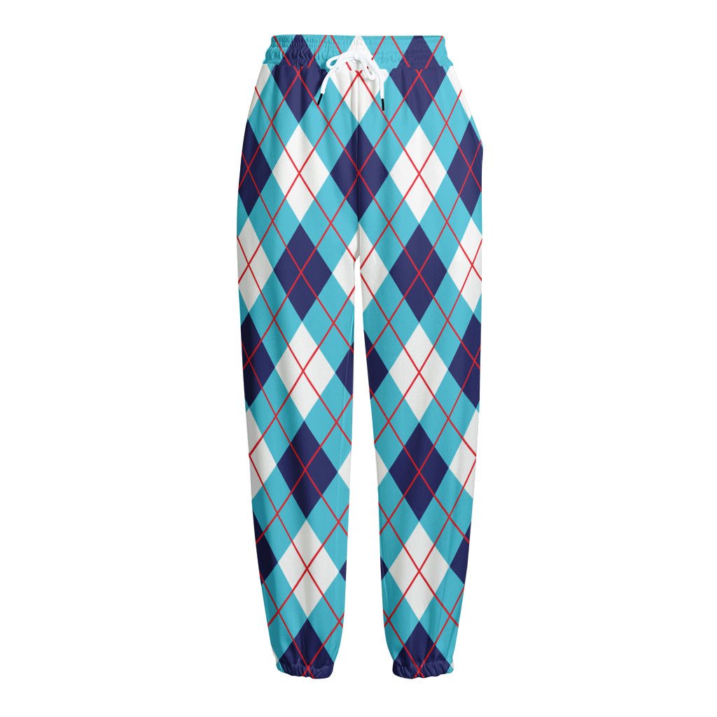 White Blue And Red Argyle Pattern Print Fleece Lined Knit Pants