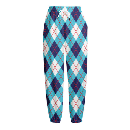 White Blue And Red Argyle Pattern Print Fleece Lined Knit Pants