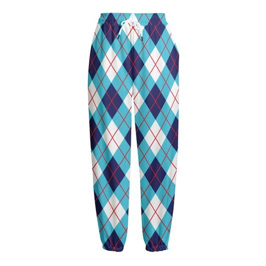 White Blue And Red Argyle Pattern Print Fleece Lined Knit Pants