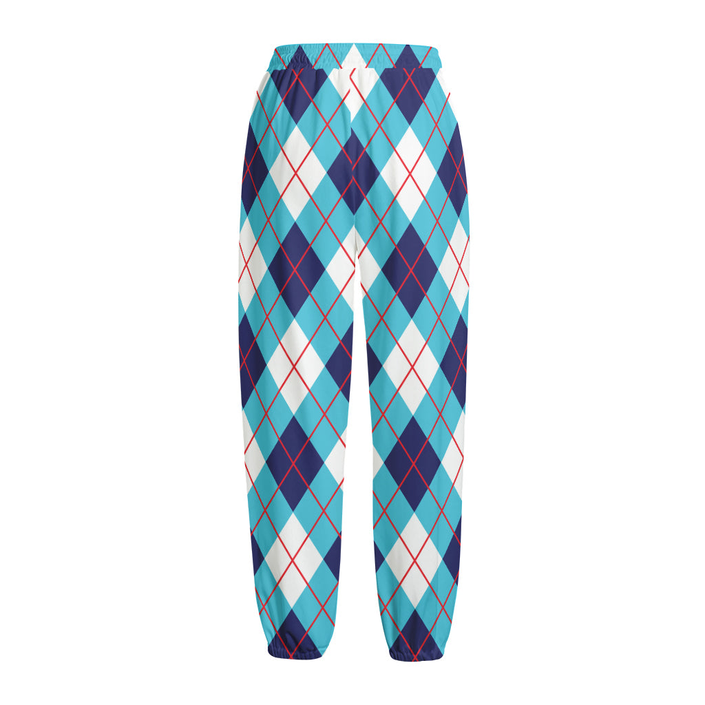 White Blue And Red Argyle Pattern Print Fleece Lined Knit Pants