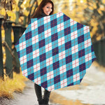 White Blue And Red Argyle Pattern Print Foldable Umbrella