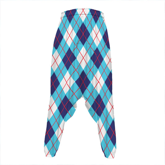 White Blue And Red Argyle Pattern Print Hammer Pants